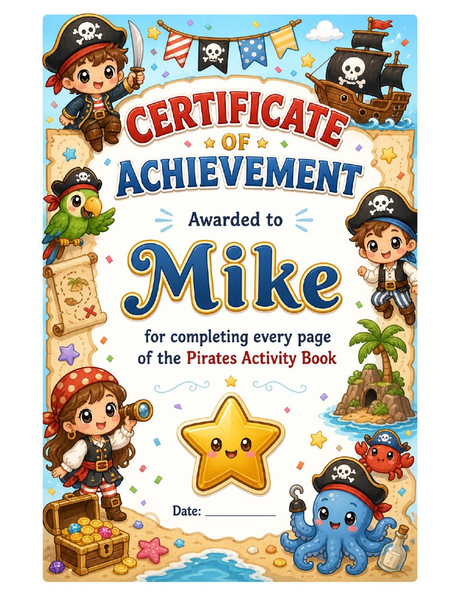 Certificate of Mike's Pirates activity book