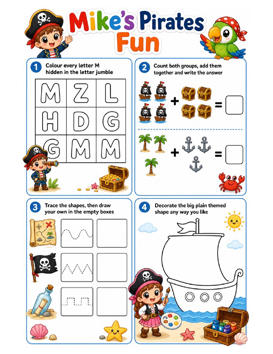 Page 1 of Mike's Pirates activity book