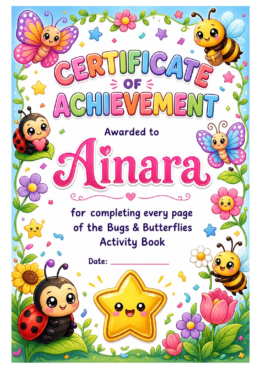 Certificate of Ainara's Bugs & Butterflies activity book