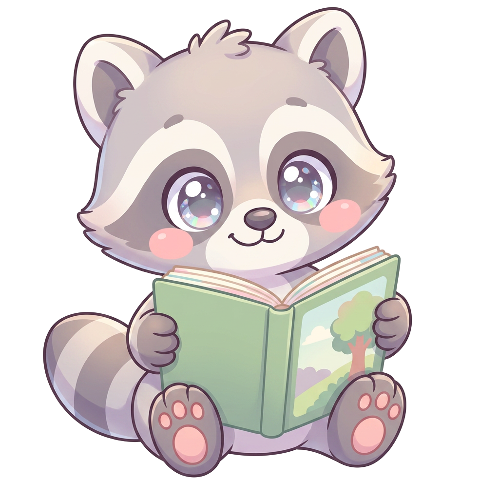 A clever raccoon reading a book