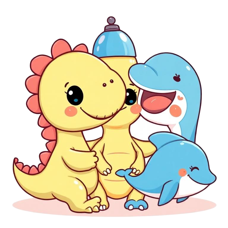 Cartoon dinosaur, rocket and dolphin theme characters