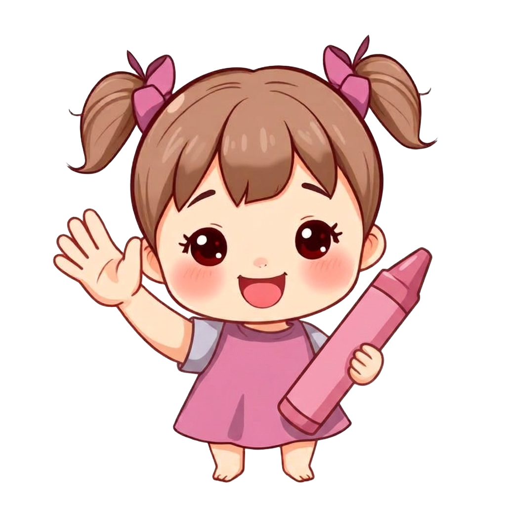 Smiling cartoon girl waving with a crayon